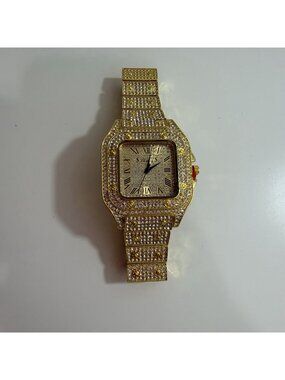Bling Mens Gold & Rhinestone Iced Out Square Face Analog Wrist Watch